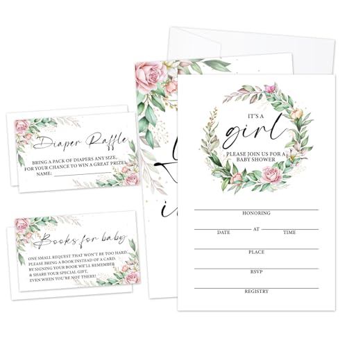 It's a Girl! Babyparty-Einladungen, Blumen-Grünkranz, zum Ausfüllen des Geschlechts, Ankündigung des Geschlechts, 25 Einladungen mit Umschlägen, 25 Dipaer-Gewinnkarten und 25 Buchanfragekarten)-07 von LWBEO