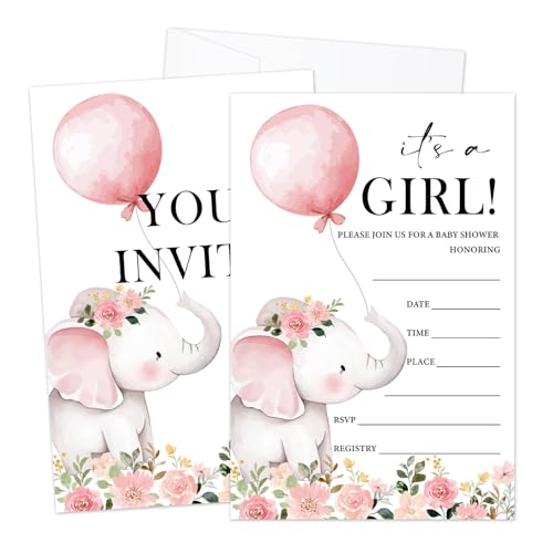 LWBEO Babyparty-Einladungen mit Umschlägen für Mädchen, Elefant und Luftballon, doppelseitig, zum Ausfüllen, für die Ankündigung des Geschlechts, Partygeschenk und Dekorationen, 25 Stück LWBEO Babyparty-Einladungen mit Umschlägen für Mädchen, Elefant und Luftballon, doppelseitig, zum Ausfüllen, für die Ankündigung des Geschlechts, Partygeschenk und Dekorationen, 25 Stück von LWBEO