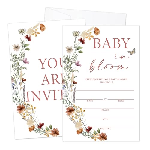 LWBEO Einladungen zur Babyparty mit Umschlägen für Mädchen, Motiv: Wildblumen, doppelseitig, zum Ausfüllen des Geschlechts, Partygeschenk und Dekorationen, 25 Stück LWBEO Einladungen zur Babyparty mit Umschlägen für Mädchen, Motiv: Wildblumen, doppelseitig, zum Ausfüllen des Geschlechts, Partygeschenk und Dekorationen, 25 Stück von LWBEO