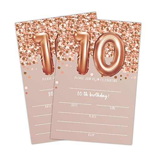 Einladungskarten zum 10. Geburtstag, rotgoldener Glitzer, Party-Einladungen zum 10. Geburtstag, Party-Dekorationen, Zubehör, 20 Ausfüllkarten mit Umschlägen für Jungen oder Mädchen, Party-Feier, C02 Einladungskarten zum 10. Geburtstag, rotgoldener Glitzer, Party-Einladungen zum 10. Geburtstag, Party-Dekorationen, Zubehör, 20 Ausfüllkarten mit Umschlägen für Jungen oder Mädchen, Party-Feier, C02 von LWBEO