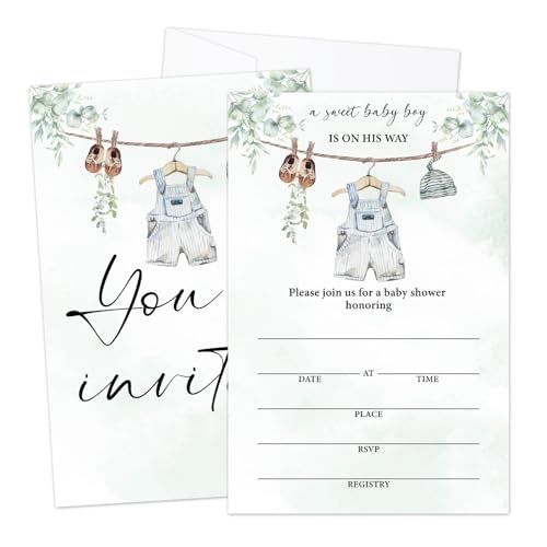 LWBEO Greenery Babyparty-Einladungen mit Umschlägen für Jungen, 25 Stück, Junge ist auf seinem Weg, Wäsche, doppelseitig, zum Ausfüllen des Geschlechts, Baby-Ankündigung, Partygeschenk und LWBEO Greenery Babyparty-Einladungen mit Umschlägen für Jungen, 25 Stück, Junge ist auf seinem Weg, Wäsche, doppelseitig, zum Ausfüllen des Geschlechts, Baby-Ankündigung, Partygeschenk und von LWBEO