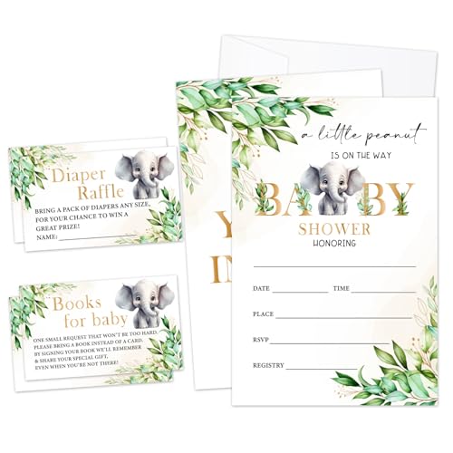LWBEO Greenery Einladungen zur Babyparty, Elefanten-Einladungen zum Ausfüllen des Geschlechts, Partygeschenk (25 Einladungen mit Umschlägen, 25 Dipaer-Gewinnspielkarten und 25 Buchanfragekarten) -04 von LWBEO