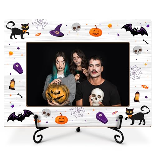 LWBEO Halloween-Bilderrahmen, schwarze Katze, Kürbis-Schädel, gruselige Geschenke für Kinder, 10 x 15 cm, Holz-Bilderrahmen mit Eisenständer für Halloween-Dekoration, Heimdekoration, Tisch-Display-09 LWBEO Halloween-Bilderrahmen, schwarze Katze, Kürbis-Schädel, gruselige Geschenke für Kinder, 10 x 15 cm, Holz-Bilderrahmen mit Eisenständer für Halloween-Dekoration, Heimdekoration, Tisch-Display-09 von LWBEO