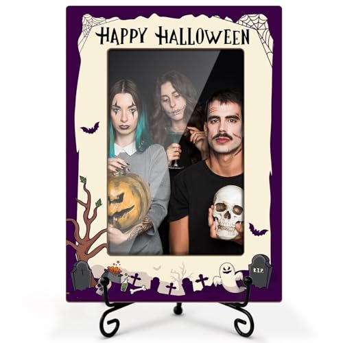 LWBEO Happy Halloween-Bilderrahmen, dunkler Stil, Geister und Grabstein, gruselige Geschenke für Kinder, 10,2 x 15,2 cm, Holz-Bilderrahmen mit Eisenständer für Halloween-Dekoration, Heimdekoration LWBEO Happy Halloween-Bilderrahmen, dunkler Stil, Geister und Grabstein, gruselige Geschenke für Kinder, 10,2 x 15,2 cm, Holz-Bilderrahmen mit Eisenständer für Halloween-Dekoration, Heimdekoration von LWBEO