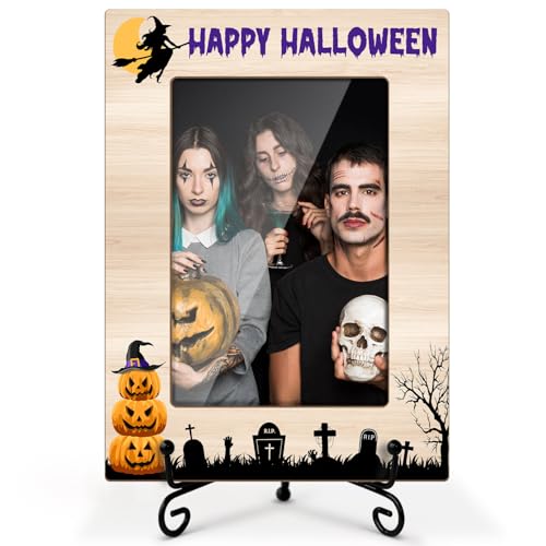 LWBEO Happy Halloween Bilderrahmen - Hexenbesen und Kürbis, gruselige Geschenke für Kinder, 10 x 15 cm, Holz-Bilderrahmen mit Eisenständer für Halloween-Dekoration, Heimdekoration, Tisch-Display-07 LWBEO Happy Halloween Bilderrahmen - Hexenbesen und Kürbis, gruselige Geschenke für Kinder, 10 x 15 cm, Holz-Bilderrahmen mit Eisenständer für Halloween-Dekoration, Heimdekoration, Tisch-Display-07 von LWBEO