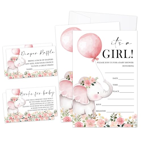LWBEO It's a Girl! Babyparty-Einladungen, Elefant und Luftballon zum Ausfüllen der Geschlechtsoffenbarung (25 Einladungen mit Umschlägen, 25 Dipaer-Gewinnspielkarten und 25 Buchanfragekarten)-03 von LWBEO