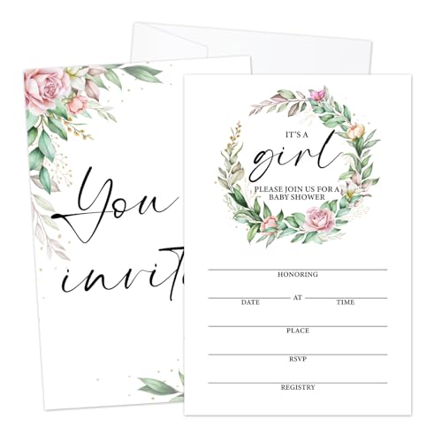 LWBEO It's a Girl! Babyparty-Einladungen mit Umschlägen für Mädchen, 25 Stück, Blumen-Grünkranz, doppelseitig, zum Ausfüllen des Geschlechts, Baby-Ankündigung, Partygeschenk und Dekorationen, 07 LWBEO It's a Girl! Babyparty-Einladungen mit Umschlägen für Mädchen, 25 Stück, Blumen-Grünkranz, doppelseitig, zum Ausfüllen des Geschlechts, Baby-Ankündigung, Partygeschenk und Dekorationen, 07 von LWBEO