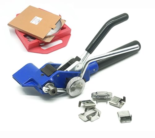 LWDXMYKW Stahlband-Umreifungsset, Stahlband-Spanner-Schneidwerkzeug mit 30,4 m Langer Bandspule aus Edelstahl 304, 100-teilige Stahl-Ohrverschlussschnalle zum Umreifen und Verpacken von LWDXMYKW