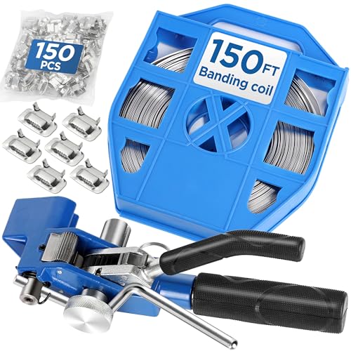 Stahl-Umreifungsset, Umreifungswerkzeug, Spanner und Schneidwerkzeug für Palettenverpackungen mit 3/4 Zoll x 150 Fuß S304-Umreifungsspule (Kunststoffbehälter), 150 Stück Ohrschnallen, Ratschen-Umrei von LWDXMYKW