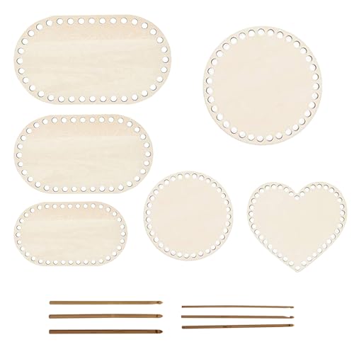 LWLWA 6-Teiliges Set Holzboden zum Häkeln, Taschenboden zum Häkeln mit Häkelnadelwerkzeug, Drei Formen Korbboden zum Häkeln (Rund/Oval/Herzförmig), für Heimdekoration und Flechtkörbe mit Holzboden von LWLWA