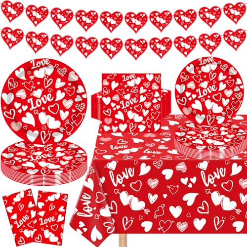 123 Stück Valentinstag Party Dekorationen rotes HerzLiebe Valentinstag Teller und Servietten Herz Banner für ValentinstagParty-Zubehör, Muttertag Dekoration Jahrestag Servieren Sie 40 von LWYGEGJO