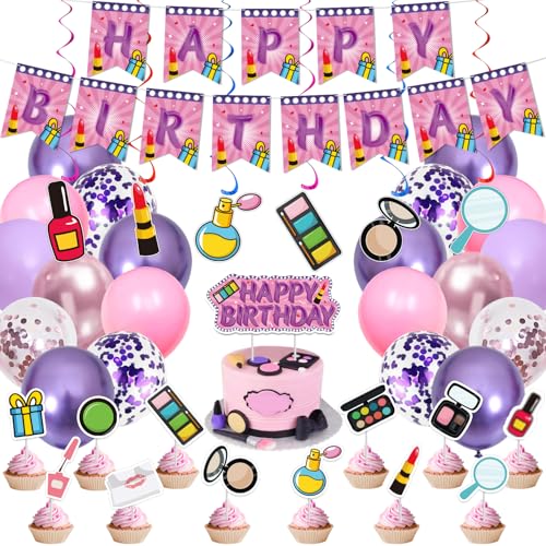 51 Stück Make-up Geburtstag Party Zubehör Spa Party hängende Strudel Makeup Thema alles Gute zum Geburtstag Banner Makeup Thema Kuchen Topper Dekorationen für Mädchen von LWYGEGJO