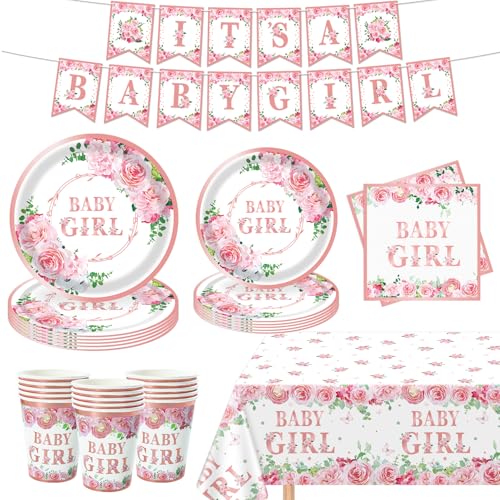 82Pcs Baby-Dusche-Dekorationen für Mädchen Geschlecht Reveal Party Supplies Geschirr-Set-Teller, Serviette, Dusche Rose Gold Floral Set für Mädchen Baby Dusche Dekorationen Party Supplies 20 Gäst von LWYGEGJO