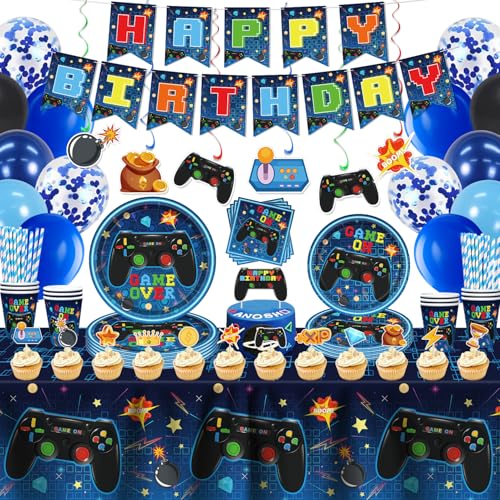 175 Pcs Videospiel Geburtstag Dekorationen Spiel Party Supplies Videospiel Geschirr Set enthalten Platten Banner und Tischdecke für Geburtstag Dekorationen Kinder dient 20 Gäste von LWYGEGJO