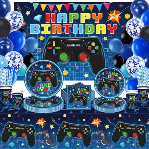 146 Pcs Videospiel Geburtstag Dekorationen Spiel Party Zubehör Videospiel Geschirr Set enthalten Platten Hintergrund und Tischdecke für Geburtstag Dekorationen Kinder dient 20 Gäste von LWYGEGJO