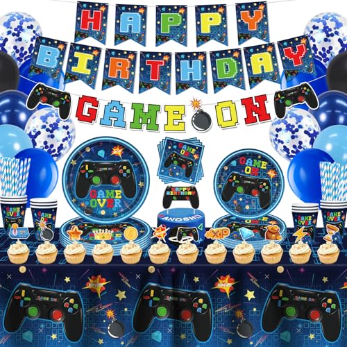 LWYGEGJO 169 Pcs Videospiel Geburtstag Dekorationen Spiel Party Supplies Videospiel Geschirr Set enthalten Platten Banner und Tischdecke für Geburtstag Dekorationen Kinder dient 20 Gäste von LWYGEGJO