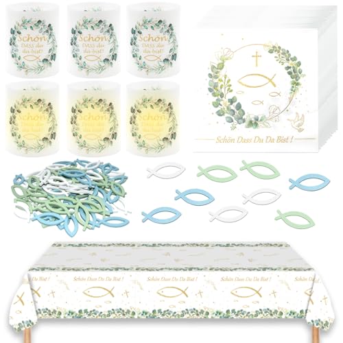 Erstkommunion Deko Set, 87 Stück Tischdeko Konfirmation Deko, 1 Tischdecke+20 Servietten Eukalyptus+60 Holzfische+6 Windlichter, Taufe Dekoration für Firmung Geschenke Junge Mädchen Kommunion Party Erstkommunion Deko Set, 87 Stück Tischdeko Konfirmation Deko, 1 Tischdecke+20 Servietten Eukalyptus+60 Holzfische+6 Windlichter, Taufe Dekoration für Firmung Geschenke Junge Mädchen Kommunion Party von LXBCTOP