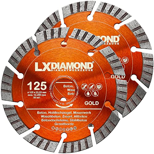 LXDIAMOND 2x Diamant-Trennscheibe 125mm x 22,23mm - für Beton Stein Stahlbeton Mauerwerk - passend für Winkelschleifer Schlitzfräsen Mauernutfräsen - Diamantscheibe GOLD 125 mm - in Premium Qualität LXDIAMOND 2x Diamant-Trennscheibe 125mm x 22,23mm - für Beton Stein Stahlbeton Mauerwerk - passend für Winkelschleifer Schlitzfräsen Mauernutfräsen - Diamantscheibe GOLD 125 mm - in Premium Qualität von LXDIAMOND