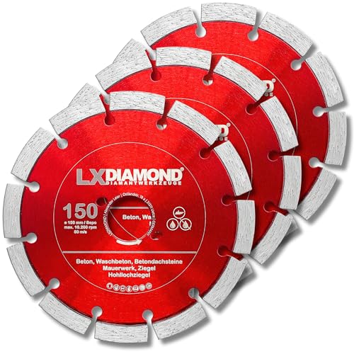 LXDIAMOND 3x Diamant-Trennscheibe 150mm - Diamantscheibe passend für Bepo FFS 150 151 Montagefräse Fensterfugenschneider - 150 mm Trennscheibe für Beton Mauerwerk Ziegel - in Premium Qualität LXDIAMOND 3x Diamant-Trennscheibe 150mm - Diamantscheibe passend für Bepo FFS 150 151 Montagefräse Fensterfugenschneider - 150 mm Trennscheibe für Beton Mauerwerk Ziegel - in Premium Qualität von LXDIAMOND