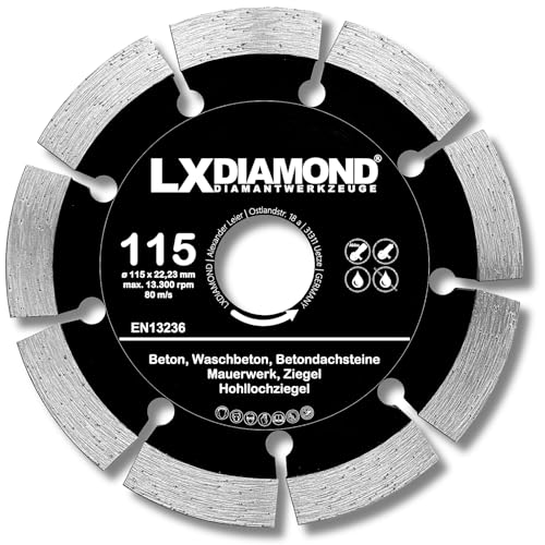 LXDIAMOND Diamant-Trennscheibe 115mm x 22,23mm - für Winkelschleifer Mauernutfräse Schlitzfräse - Diamantscheibe zum Trennen von Stein Beton Ziegel Mauerwerk - 115 mm Steinscheibe in Profi Qualität LXDIAMOND Diamant-Trennscheibe 115mm x 22,23mm - für Winkelschleifer Mauernutfräse Schlitzfräse - Diamantscheibe zum Trennen von Stein Beton Ziegel Mauerwerk - 115 mm Steinscheibe in Profi Qualität von LXDIAMOND