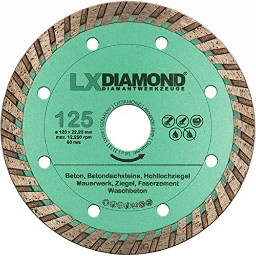 LXDIAMOND Diamant-Trennscheibe 125mm x 22,23mm Diamantscheibe Betonscheibe für Stein Beton Mauerwerk 125 mm passend für Winkelschleifer Mauernutfräsen Schlitzfräsen - in Premium Qualität LXDIAMOND Diamant-Trennscheibe 125mm x 22,23mm Diamantscheibe Betonscheibe für Stein Beton Mauerwerk 125 mm passend für Winkelschleifer Mauernutfräsen Schlitzfräsen - in Premium Qualität von LXDIAMOND