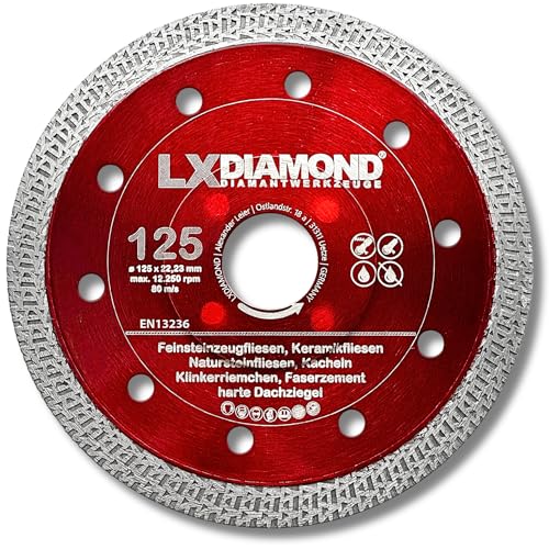 LXDIAMOND Diamant-Trennscheibe 125mm x 22,23mm - Diamantscheibe für Feinsteinzeugfliesen Fliesen Natursteinfliesen - Segmentbreite 1,4mm dünn - Premium Trennscheibe 125 mm für Winkelschleifer LXDIAMOND Diamant-Trennscheibe 125mm x 22,23mm - Diamantscheibe für Feinsteinzeugfliesen Fliesen Natursteinfliesen - Segmentbreite 1,4mm dünn - Premium Trennscheibe 125 mm für Winkelschleifer von LXDIAMOND