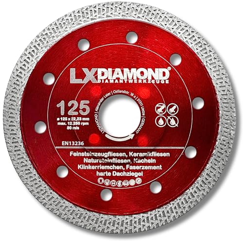 LXDIAMOND Diamant-Trennscheibe 125mm x 22,23mm - Diamantscheibe für Feinsteinzeugfliesen Fliesen Natursteinfliesen - Segmentbreite 1,4mm dünn - Premium Trennscheibe 125 mm für Winkelschleifer von LXDIAMOND