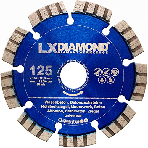 LXDIAMOND Diamant-Trennscheibe 125mm x 22,23mm - Diamantscheibe für Stein Beton Stahlbeton passend für Winkelschleifer Mauernutfräsen Schlitzfräsen - Betonscheibe - 125 mm in Premium Qualität LXDIAMOND Diamant-Trennscheibe 125mm x 22,23mm - Diamantscheibe für Stein Beton Stahlbeton passend für Winkelschleifer Mauernutfräsen Schlitzfräsen - Betonscheibe - 125 mm in Premium Qualität von LXDIAMOND