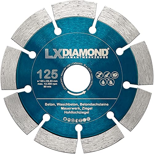LXDIAMOND Diamant-Trennscheibe 125mm x 22,23mm für Beton Stein Mauerwerk - passend für Winkelschleifer Schlitzfräsen Mauernutfräse - 12mm Segment - Diamantscheibe 125 mm - in Profi Qualität von LXDIAMOND