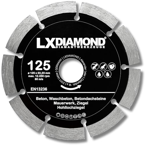 LXDIAMOND Diamant-Trennscheibe 125mm x 22,23mm - für Winkelschleifer Mauernutfräse Schlitzfräse - Diamantscheibe zum Trennen von Stein Beton Ziegel Mauerwerk - 125 mm Steinscheibe in Profi Qualität LXDIAMOND Diamant-Trennscheibe 125mm x 22,23mm - für Winkelschleifer Mauernutfräse Schlitzfräse - Diamantscheibe zum Trennen von Stein Beton Ziegel Mauerwerk - 125 mm Steinscheibe in Profi Qualität von LXDIAMOND