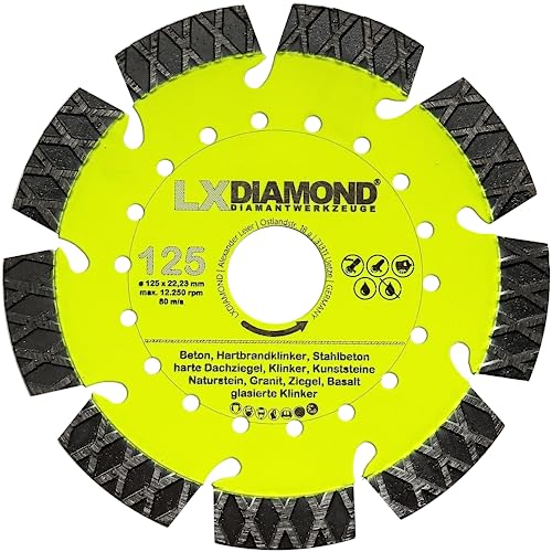 LXDIAMOND Diamant-Trennscheibe 125mm x 22,23mm - perfekt geeignet für Beton Stahlbeton Klinker Granit Hartbrandklinker Natursteine Kunststeine - Laser Diamantscheibe 125 mm in Premium Qualität von LXDIAMOND