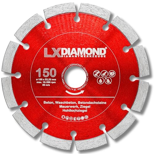 LXDIAMOND Diamant-Trennscheibe 150mm x 22,23mm - für Winkelschleifer Mauernutfräse Schlitzfräse - Diamantscheibe zum Trennen von Stein Beton Ziegel Mauerwerk - 150 mm Steinscheibe in Profi Qualität LXDIAMOND Diamant-Trennscheibe 150mm x 22,23mm - für Winkelschleifer Mauernutfräse Schlitzfräse - Diamantscheibe zum Trennen von Stein Beton Ziegel Mauerwerk - 150 mm Steinscheibe in Profi Qualität von LXDIAMOND