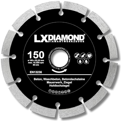 LXDIAMOND Diamant-Trennscheibe 150mm x 22,23mm - für Winkelschleifer Mauernutfräse Schlitzfräse - Diamantscheibe zum Trennen von Stein Beton Ziegel Mauerwerk - 150 mm Steinscheibe in Profi Qualität LXDIAMOND Diamant-Trennscheibe 150mm x 22,23mm - für Winkelschleifer Mauernutfräse Schlitzfräse - Diamantscheibe zum Trennen von Stein Beton Ziegel Mauerwerk - 150 mm Steinscheibe in Profi Qualität von LXDIAMOND
