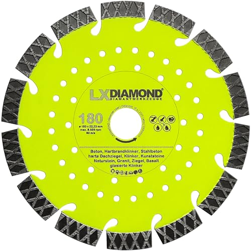 LXDIAMOND Diamant-Trennscheibe 180mm x 22,23mm - perfekt geeignet für Beton Stahlbeton Klinker Granit Hartbrandklinker Natursteine Kunststeine - Laser Diamantscheibe 180 mm in Premium Qualität von LXDIAMOND