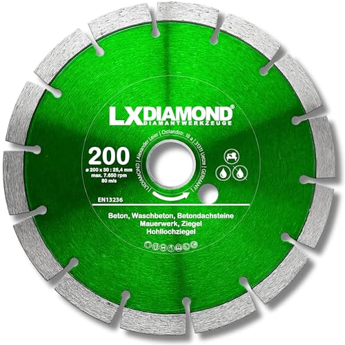 LXDIAMOND Diamant-Trennscheibe 200mm x 25,4mm - für Schneidetische, Brückensägen - Diamantscheibe zum Trennen von Stein, Beton, Ziegel, Mauerwerk - 200 mm Steinscheibe in Profi Qualität LXDIAMOND Diamant-Trennscheibe 200mm x 25,4mm - für Schneidetische, Brückensägen - Diamantscheibe zum Trennen von Stein, Beton, Ziegel, Mauerwerk - 200 mm Steinscheibe in Profi Qualität von LXDIAMOND