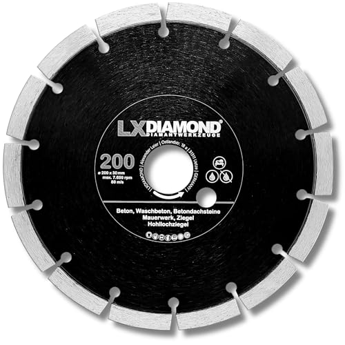 LXDIAMOND Diamant-Trennscheibe 200mm x 30,0mm - für Schneidetische, Brückensägen - Diamantscheibe zum Trennen von Stein, Beton, Ziegel, Mauerwerk - 200 mm Steinscheibe in Profi Qualität LXDIAMOND Diamant-Trennscheibe 200mm x 30,0mm - für Schneidetische, Brückensägen - Diamantscheibe zum Trennen von Stein, Beton, Ziegel, Mauerwerk - 200 mm Steinscheibe in Profi Qualität von LXDIAMOND