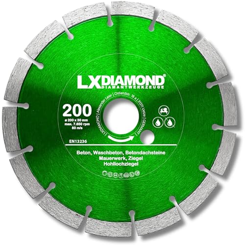 LXDIAMOND Diamant-Trennscheibe 200mm x 30,0mm - für Schneidetische, Brückensägen - Diamantscheibe zum Trennen von Stein, Beton, Ziegel, Mauerwerk - 200 mm Steinscheibe in Profi Qualität LXDIAMOND Diamant-Trennscheibe 200mm x 30,0mm - für Schneidetische, Brückensägen - Diamantscheibe zum Trennen von Stein, Beton, Ziegel, Mauerwerk - 200 mm Steinscheibe in Profi Qualität von LXDIAMOND