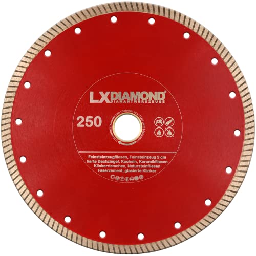 LXDIAMOND Diamant-Trennscheibe 250mm x 25,4mm für 2-3 cm für Feinsteinzeug Terrassenplatten Feinsteinzeugfliesen Natursteinfliesen usw. passend für Schneidetische 250 mm von LXDIAMOND