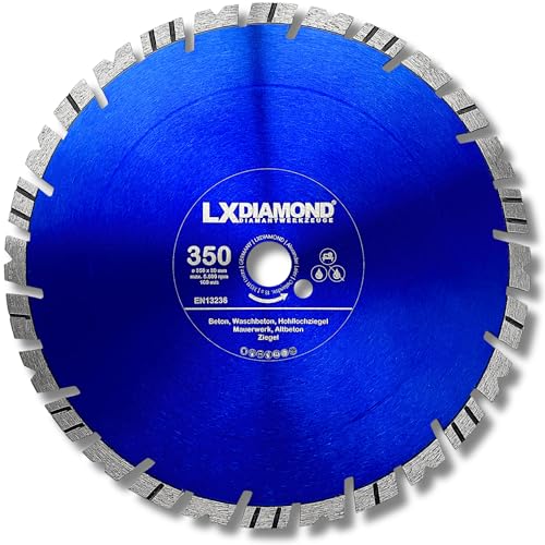 LXDIAMOND Diamant-Trennscheibe 350mm x 30,0mm für Trennschleifer, Tischsäge - 350 mm Diamantscheibe für Beton, Waschbeton, Granitborde, Altbeton, Stahlbeton - Betontrennscheibe in Premium Qualität LXDIAMOND Diamant-Trennscheibe 350mm x 30,0mm für Trennschleifer, Tischsäge - 350 mm Diamantscheibe für Beton, Waschbeton, Granitborde, Altbeton, Stahlbeton - Betontrennscheibe in Premium Qualität von LXDIAMOND