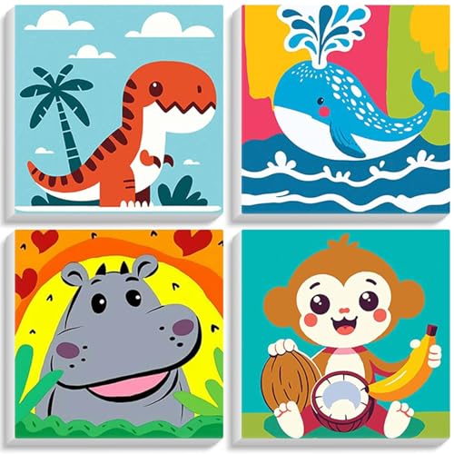lxmydm Malen nach Zahlen für Kinder – 4er-Set Tiermotive für Mädchen und Jungen ab 5-12 Jahren, Bunte Leinwand mit Acrylfarben, DIY-Ölgemälde-Set zur Deko, 20x20 cm (Dinosaurier) von lxmydm