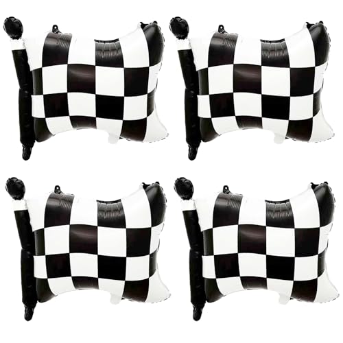 Weiß Karierte Luftballons Rennauto, 4pcs Rennwagen Luftballon, Karierte Luftballons, Racing Folienballon, Cars Geburtstagsdeko, Rennwagen Thema Party Dekorationen von LXONTSG