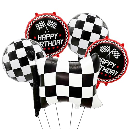 Weiß Karierte Luftballons Rennauto, 5pcs Rennwagen Luftballon, Karierte Luftballons, Racing Folienballon, Cars Geburtstagsdeko, Rennwagen Thema Party Dekorationen von LXONTSG