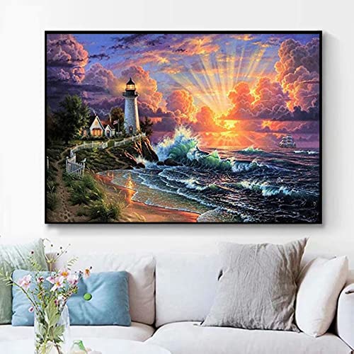 LXTOPN Diamond Painting Kits,DIY Vollbohrer Leuchtturm Sonnenuntergang Groß Foto Diamant Poster,Moderne Runde Diamant Wandkunt Malerei für Wohnzimmer Dekor Ungerahmt (D01, 30x50cm) von LXTOPN