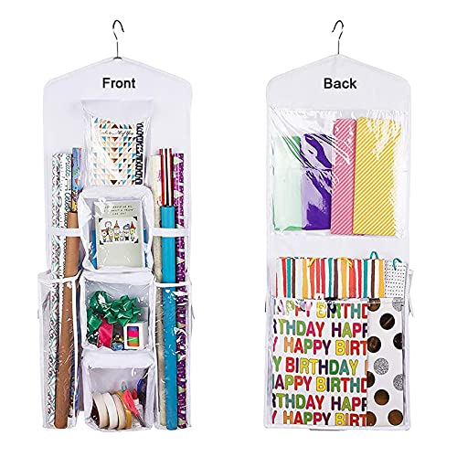 LXTaoler Doppelseitige hängende Geschenktüte zum Aufhängen, Geschenkpapier, Aufbewahrung, Organizer, Tasche mit mehreren Taschen, 100 x 43 cm, transparente PVC-Tasche (weiß) von LXTaoler
