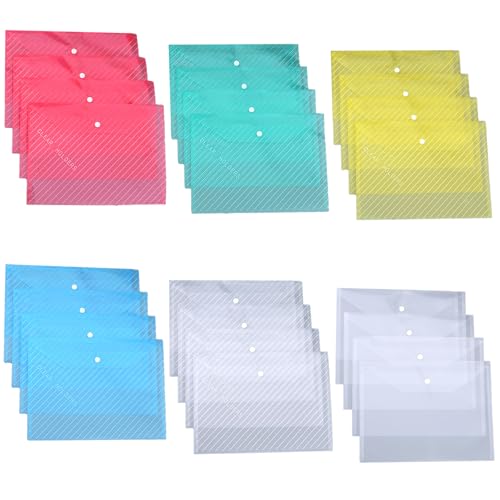 LXTaoler Kunststoffhüllen A4 mit Schnappverschluss, 5 sortierte Farben, A4, transparente Poly-Taschen für Dokumentenaufbewahrung und Bürobedarf, 24 Stück von LXTaoler