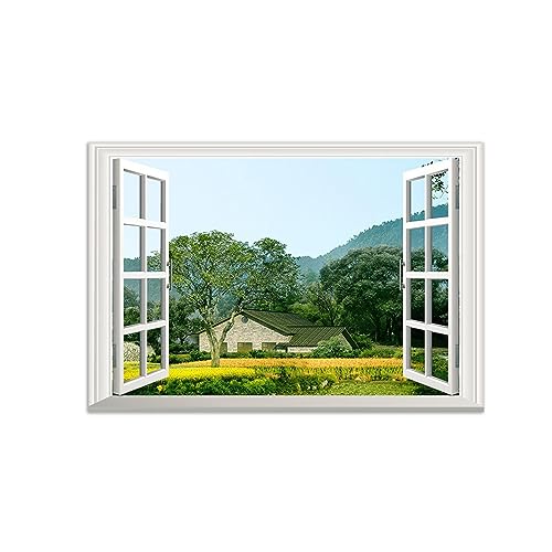 LXURY 3D Fensterblick Bild auf Leinwand-Wheat Feld House Baum-Natur Leinwand Bilder-Landschaftsbilder Druck auf Leinwand-Moderne Wohnzimmer Wandbilder 80x120cm31x47inches Ungerahmt von LXURY