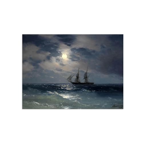 LXURY Ivan Aivazovsky Bild Druck auf Leinwand-Leinwand Kunstwerk Wandbilder-Landschaft Gemälde Reproduktion Poster für Zuhause Dekoration-Boot im Mondlicht 70x100cm Ungerahmt von LXURY