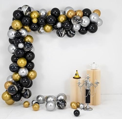 Elegante Party Luftballon Girlande, Deko, SIlvester, Geburtstag, Ballon in Gold Silber Schwarz und Schwarz marmoriert, Latexballons, 103 Teile von LYB
