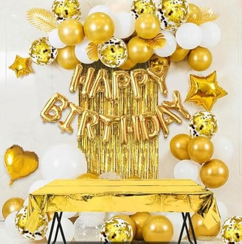 Elegantes Komplettset zum Geburtstags: Luftballon Girlande mit Tischdecke, Cake Topper, Lametta, Happy Birthday Buchstaben, Deko, Geburtstag, Ballons in Gold , Latexballons, 34Teile von LYB