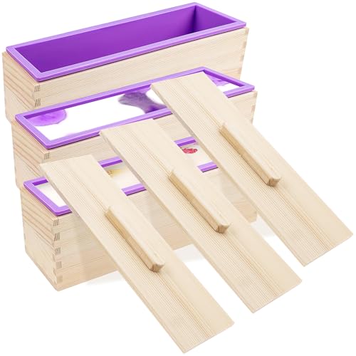 3er Silikon Seifenformen, 1200ML Rechteckiges Set aus Silikon-Seifenformen aus Holz, Seifenlaibform mit Holzkisten und Deckeln für DIY-Seifenherstellungszubehör (Lila) von LYCN